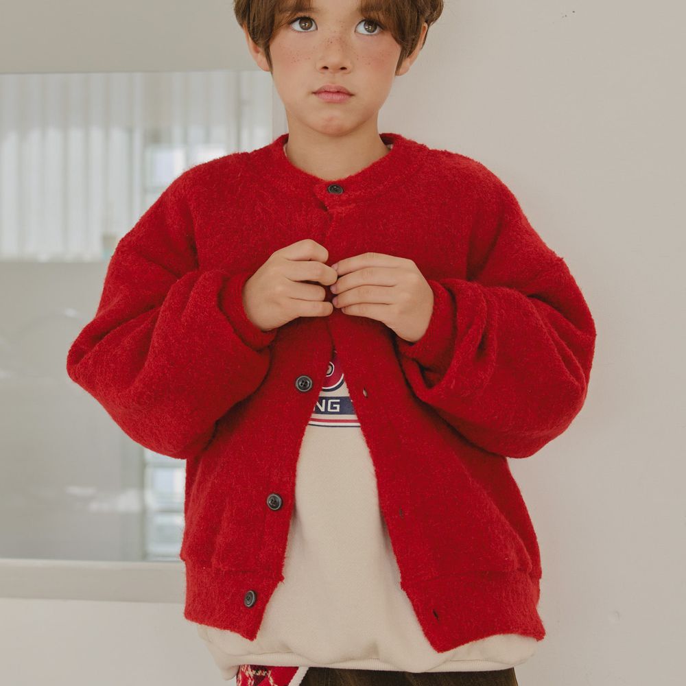 HIKIKI 溫暖圈圈針織無領鈕扣外套-紅