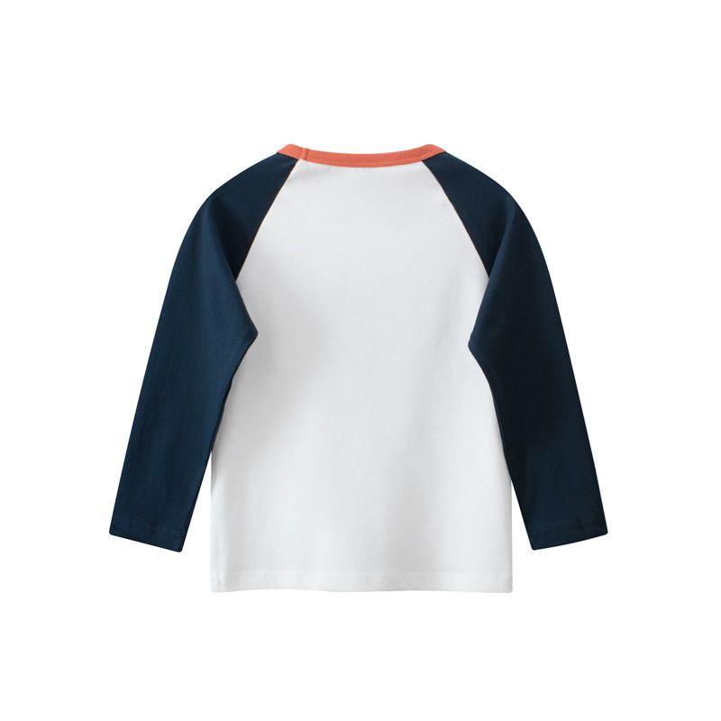 純棉圓領薄長袖上衣-可愛熊熊-米白+深藍