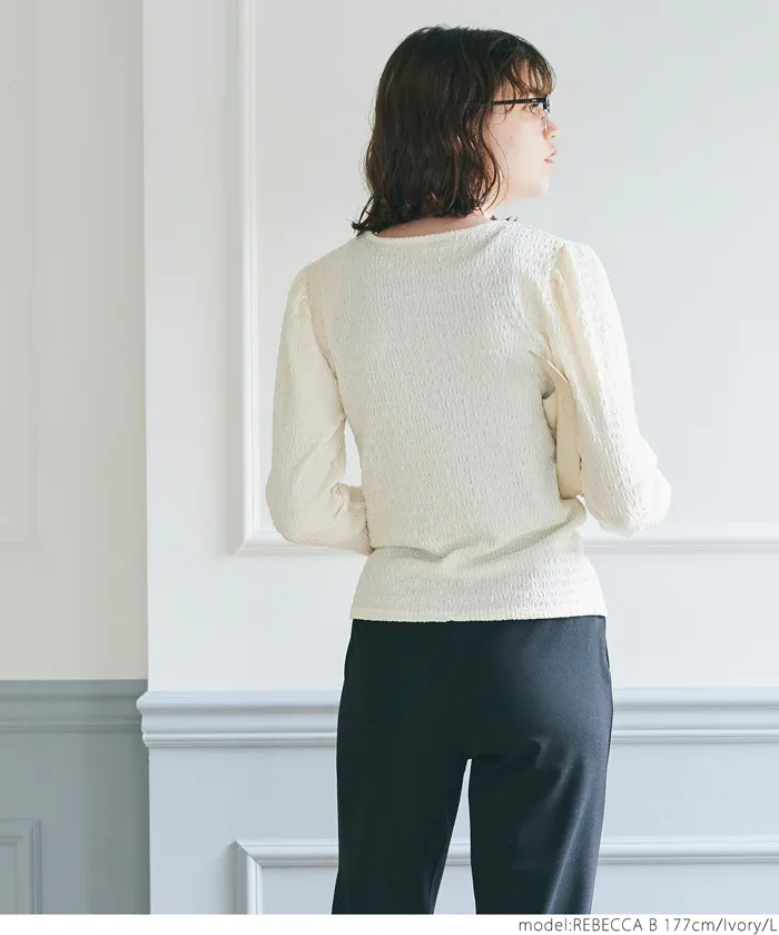 日本 COCA - 圓領泡泡抓皺薄長袖上衣-黑