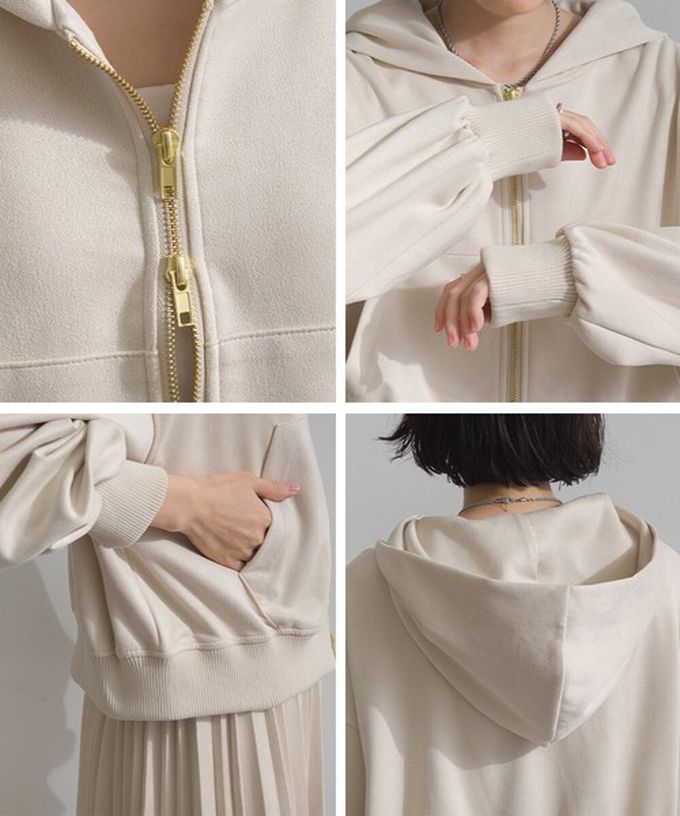 日本 ELENCARE DUE - 輕盈絨皮感雙拉鏈短版連帽外套-焦糖棕