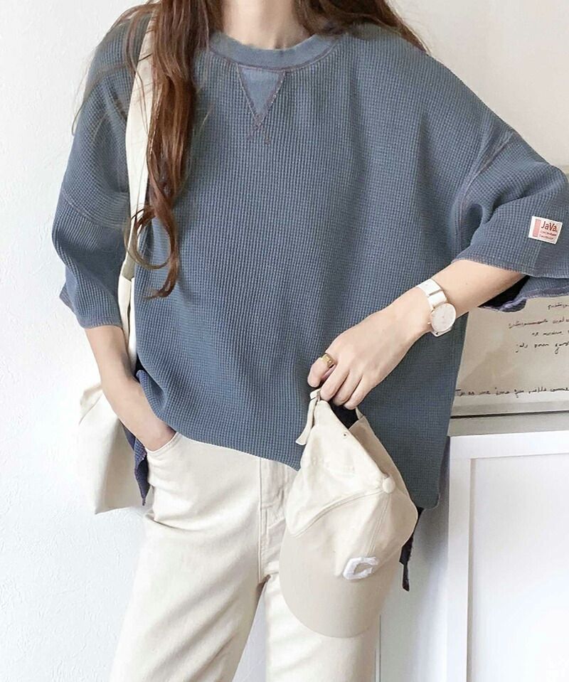 日本 Classical Elf - 2WAY華夫格落肩五分袖上衣-象牙杏