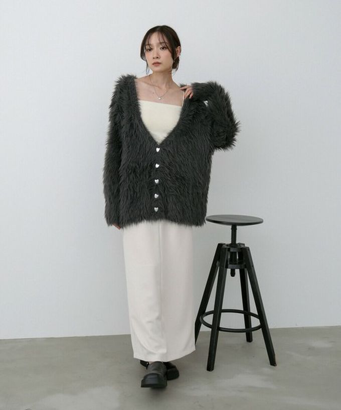 日本 Bab - 奢華毛海愛心扣前後2way開襟衫-短版-炭灰