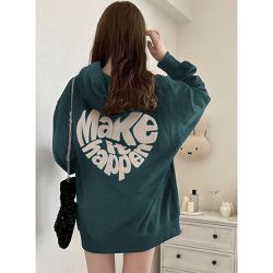 日本 GRL - 裏起毛心型英文標語長版帽T-墨綠 (F)