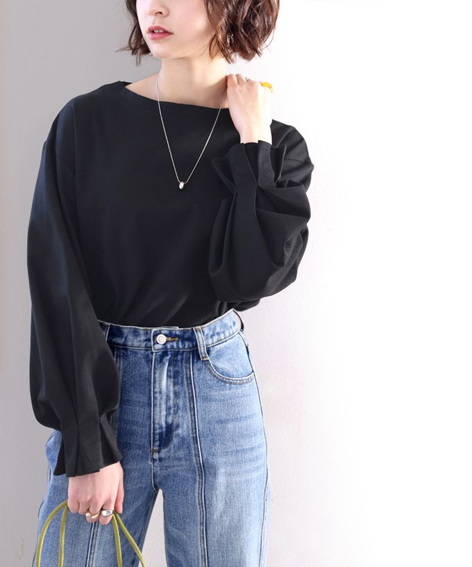 日本 Classical Elf - 100%棉 船領顯瘦糖果袖上衣-摩卡棕