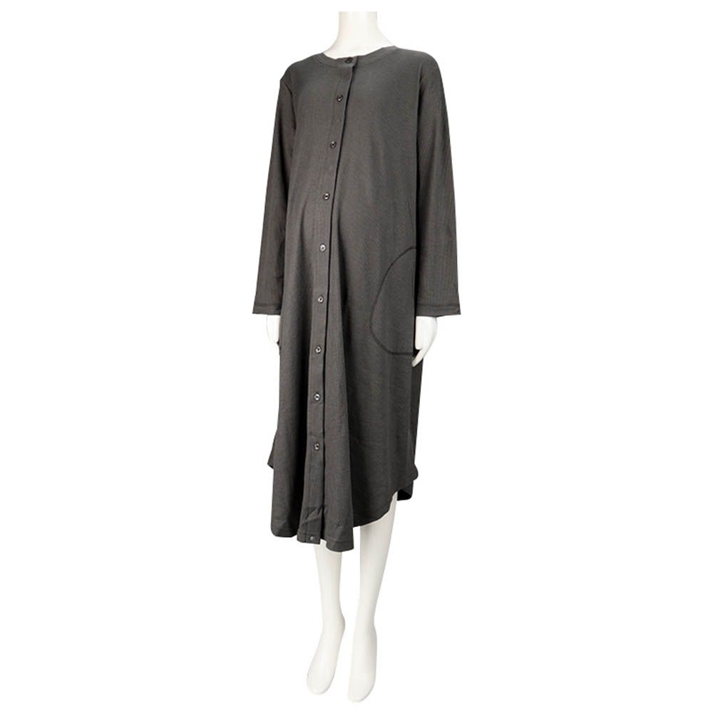 長袖家居洋裝-附下擺按扣 素色-深灰色 (M~L)