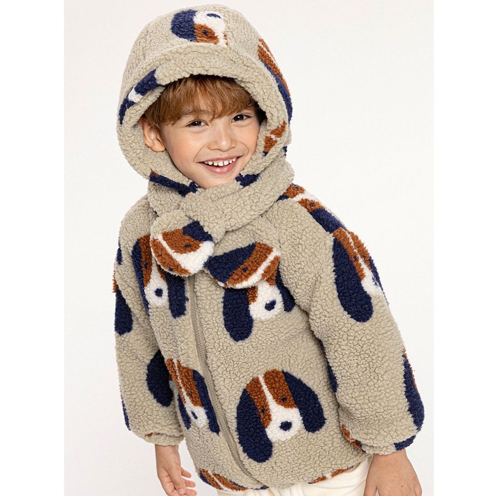 (附帽子)溫暖羔羊絨填充外套-狗狗-灰軍綠