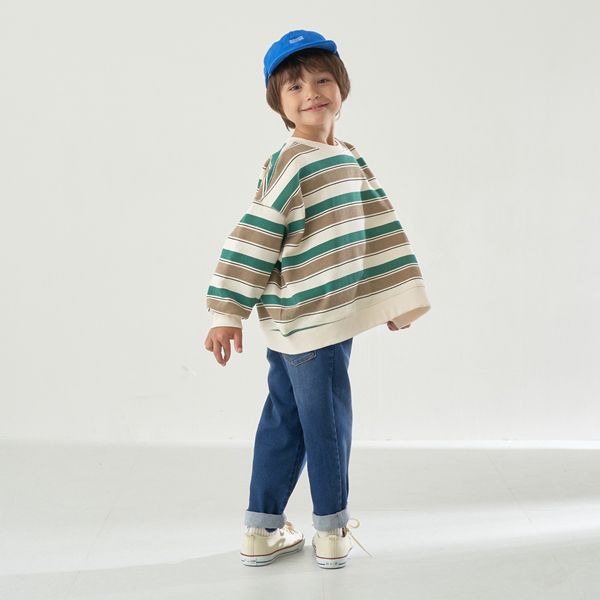 日本 b-ROOM - 裏起毛亮色系大落肩條紋上衣-黑灰系