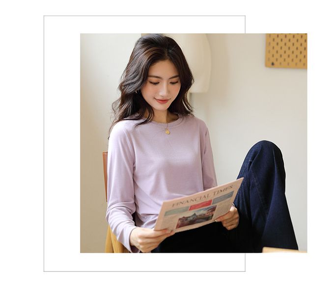 圓領寬鬆素色長袖上衣-紫色 (F)