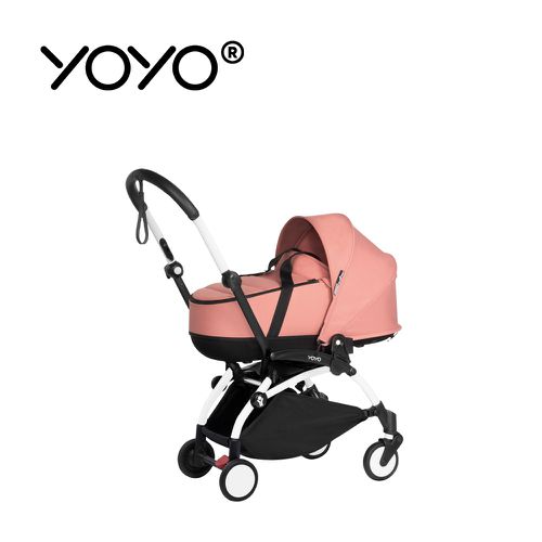 YOYO² 法國 Bassinet 0+新生兒睡籃推車(含車架)-白色車架+桃色睡籃
