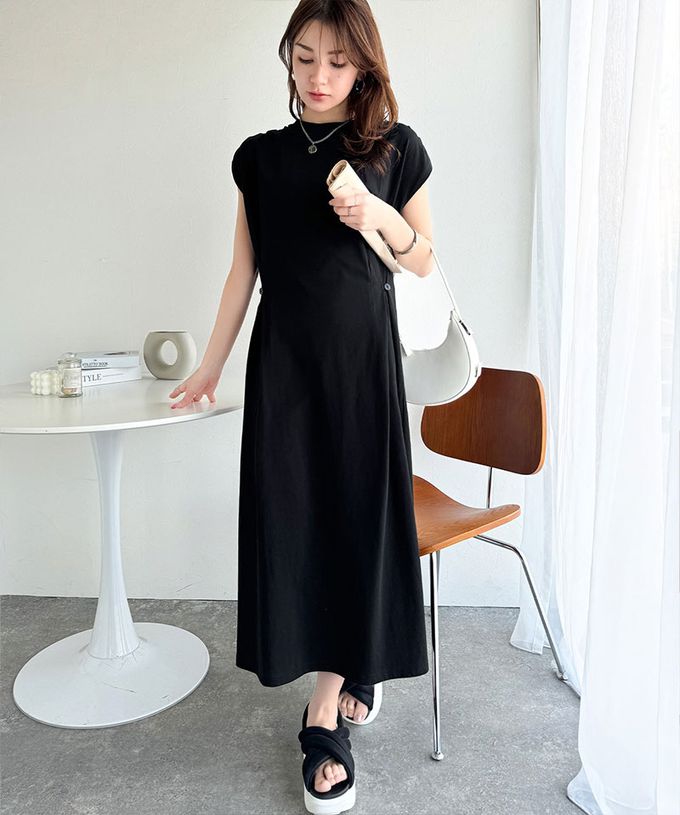 日本 Classical Elf - 顯瘦摺線設計感短袖開叉洋裝-淺灰