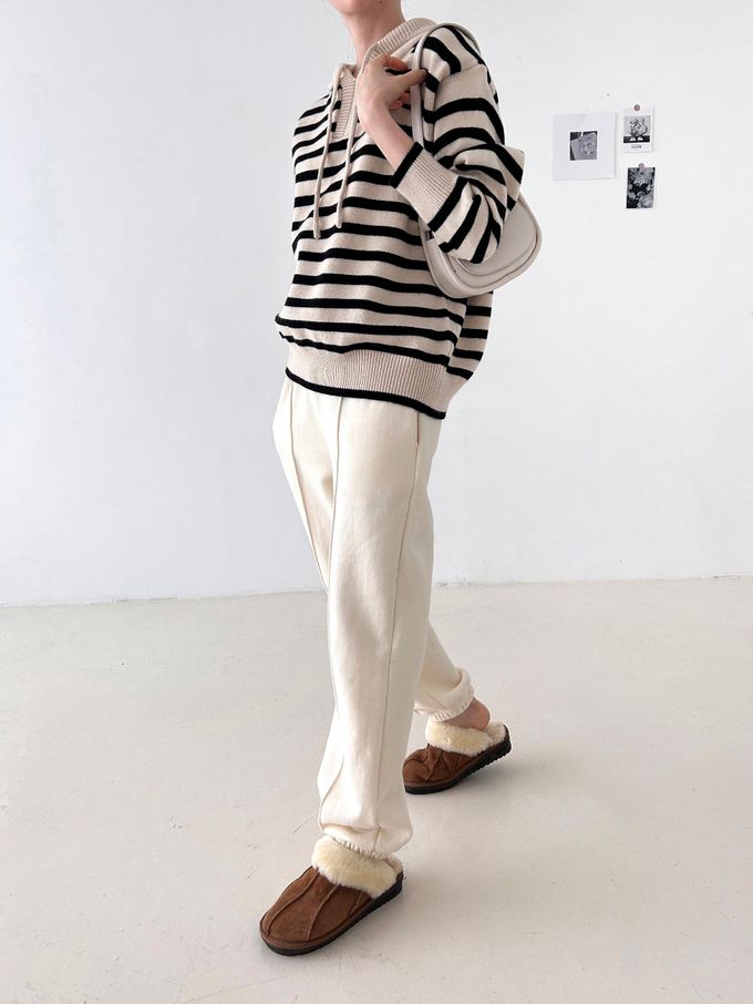 韓國女裝連線 - 經典條紋連帽長袖針織上衣-黑底 (FREE)