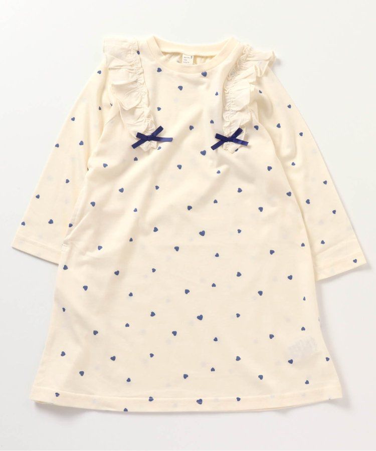 日本 apres les cours - 肩部荷葉印花薄長袖洋裝-愛心-海軍藍