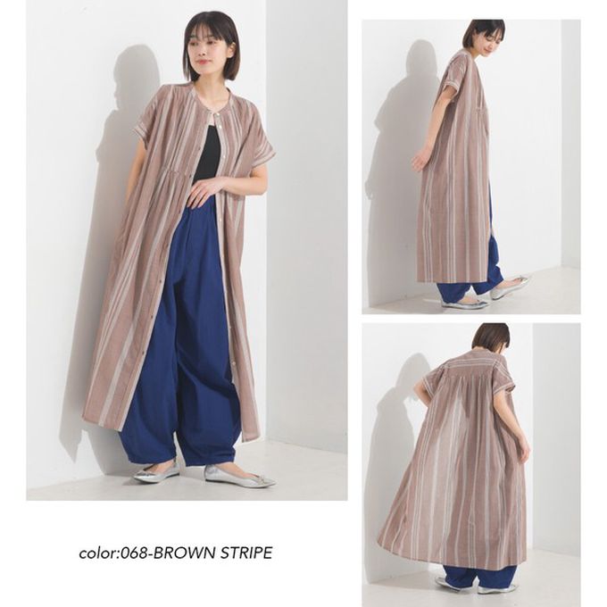 日本 OMNES - 100%印度棉 襯衫式印花短袖洋裝-深藍圖騰