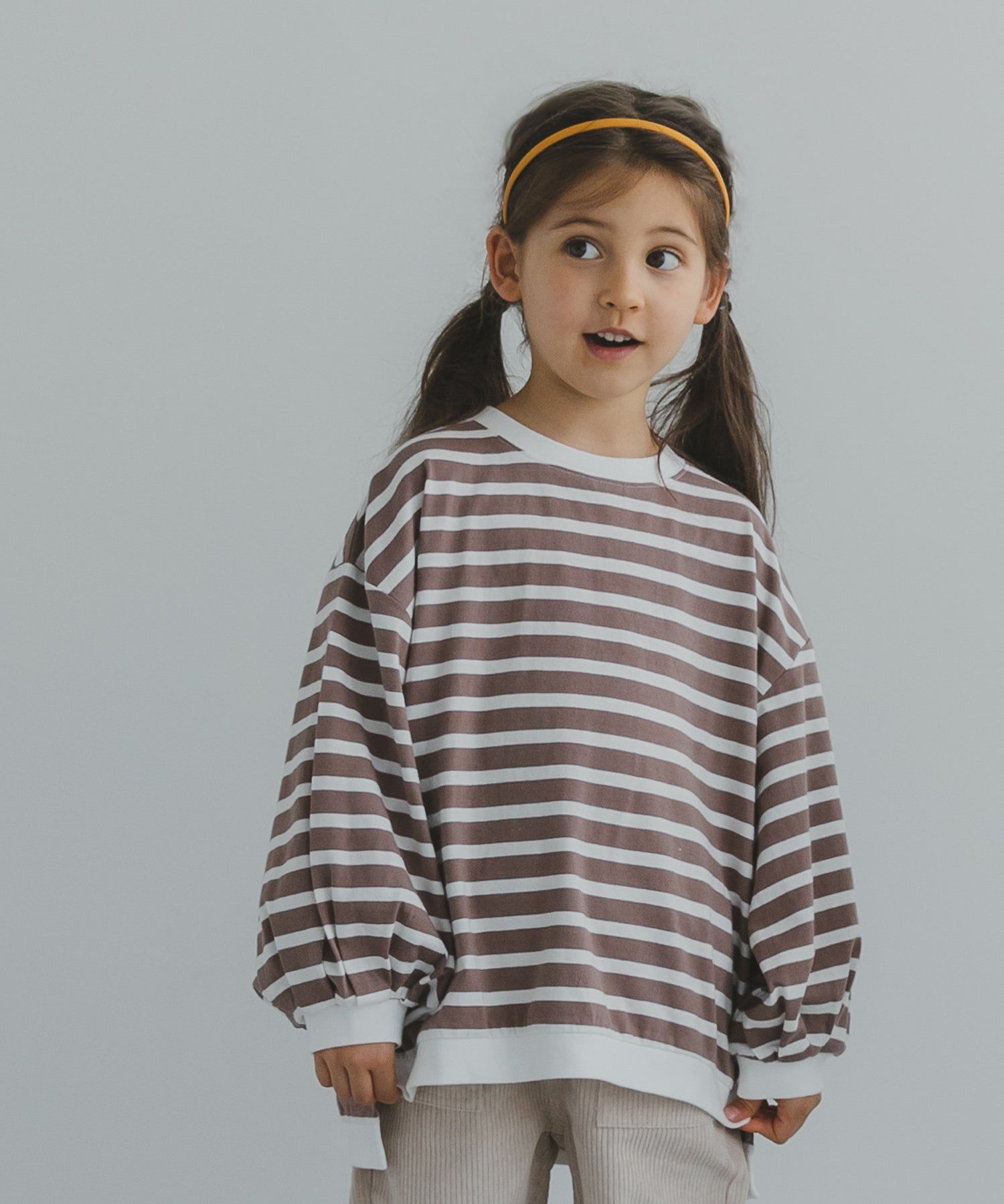 日本 PAIRMANON - 純棉落肩圓領條紋薄長袖上衣-孩子-黑x白