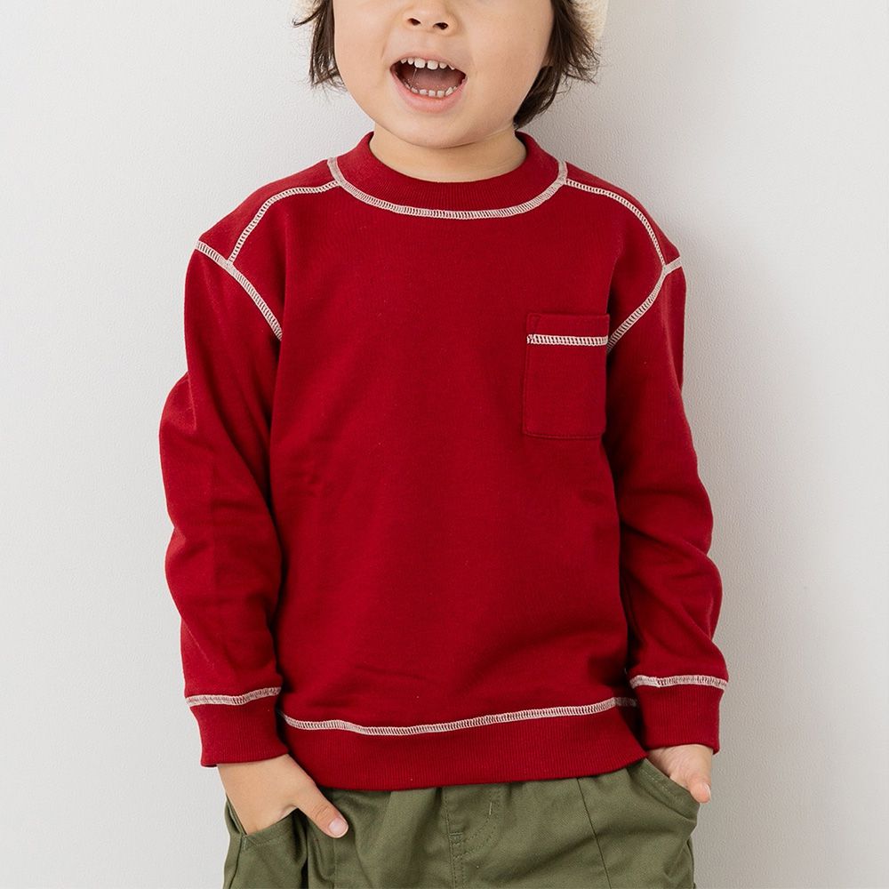 配色縫線簡約裏毛長袖上衣-紅x白線