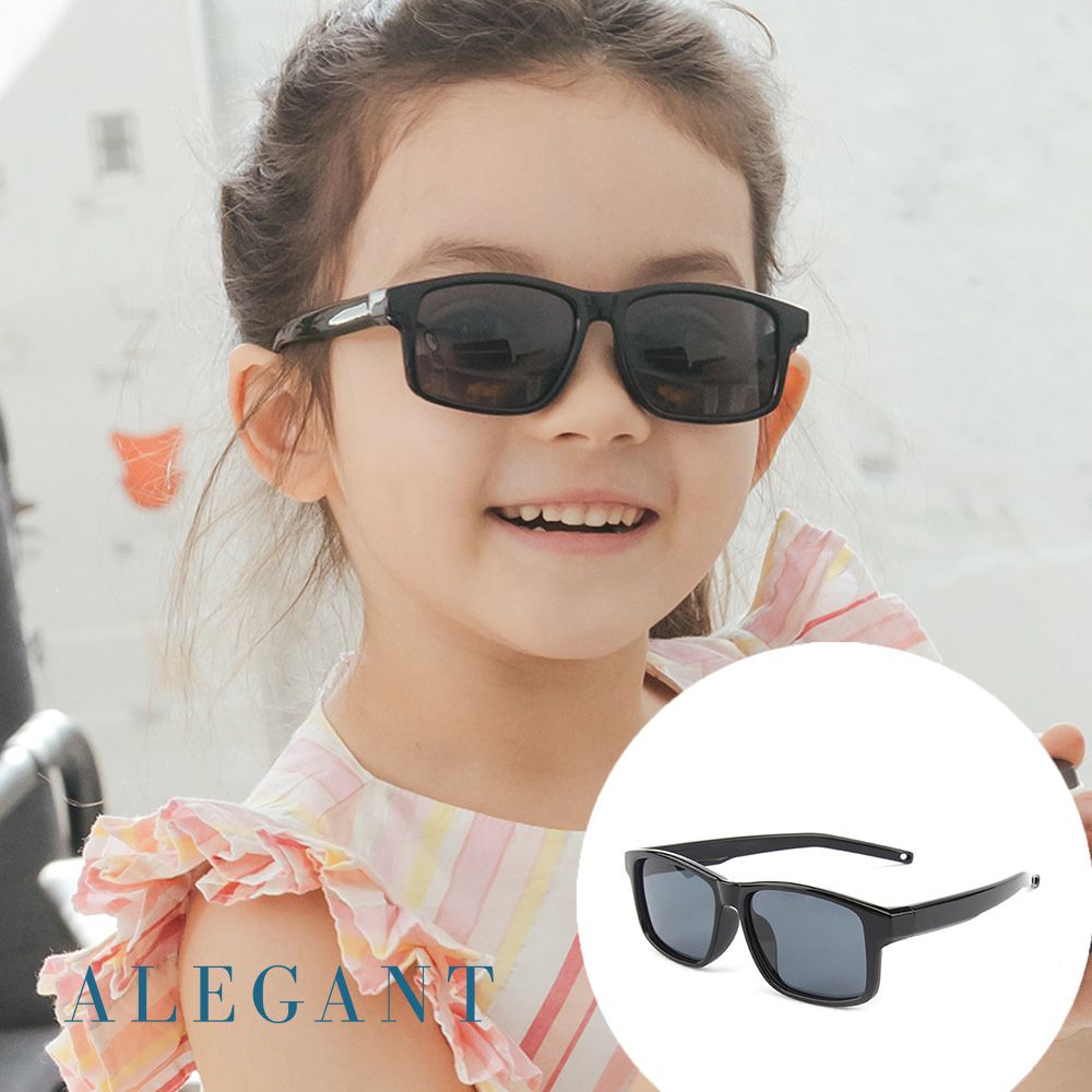 ALEGANT - 潮流率性黑中性兒童專用輕量方形彈性偏光墨鏡│UV400太陽眼鏡
