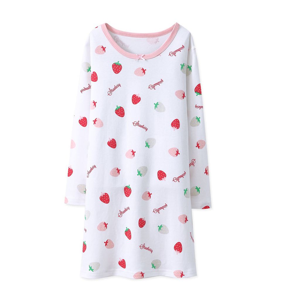 MAMDADKIDS - 純棉長袖睡裙-滿滿草莓-白色