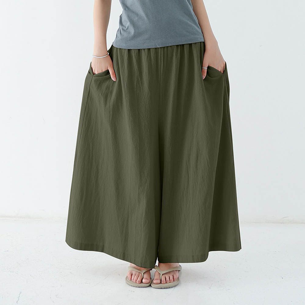 腰鬆緊百搭舒適寬褲-軍綠色