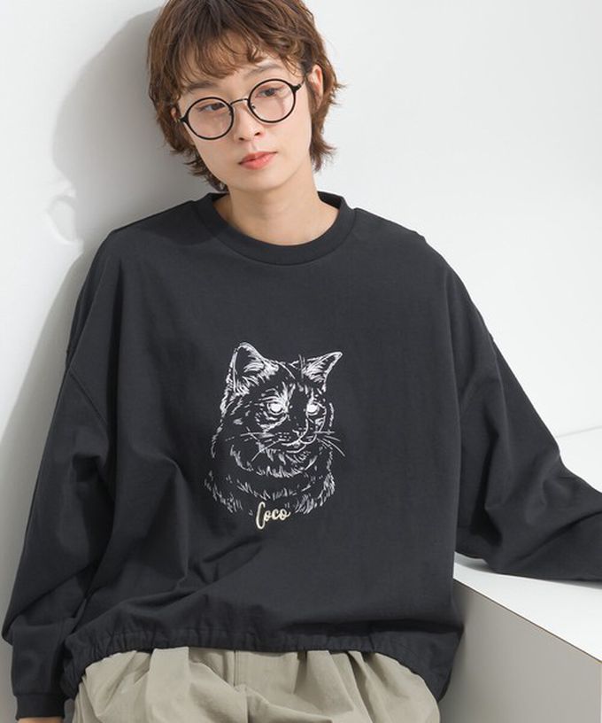 日本 Lupilien - 16支天竺棉休閒長袖上衣-貓咪素描-酒紅