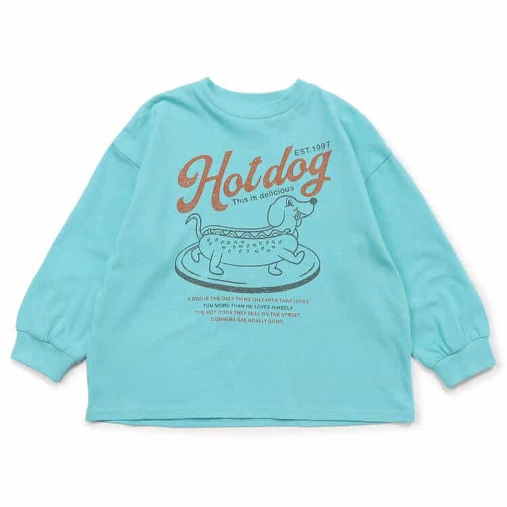 100%棉 包色款印花長袖上衣-臘腸熱狗堡-水藍