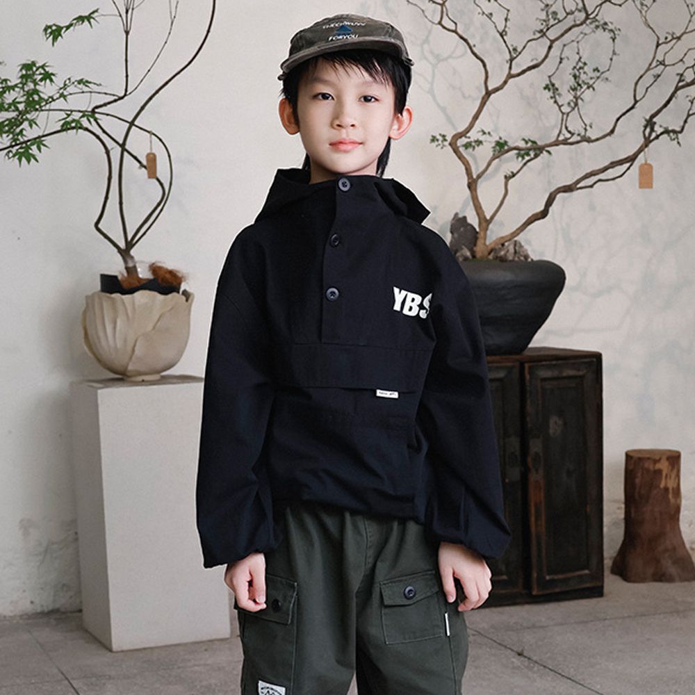 純棉半開襟連帽長袖上衣-黑色