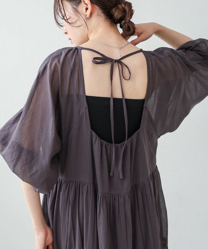 日本 Bab - 100%棉 巴里紗柔軟素色寬袖洋裝-炭灰