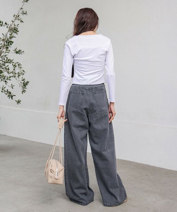 日本 Bab - 腳長效果 摺線丹寧印度棉寬褲-靛藍