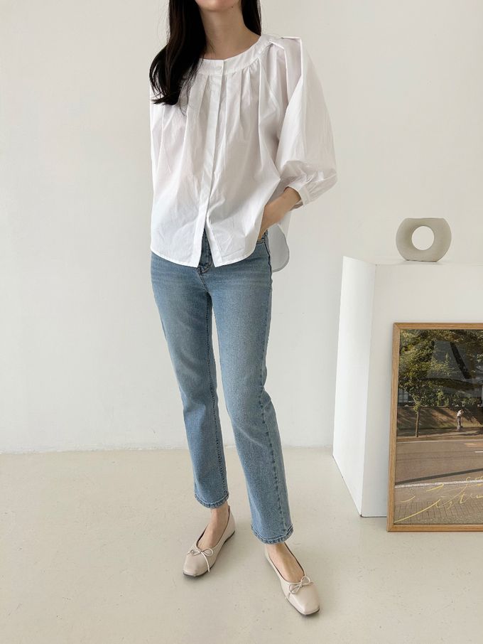 韓國女裝連線 - 氣質抓褶圓領七分袖襯衫-白 (FREE)
