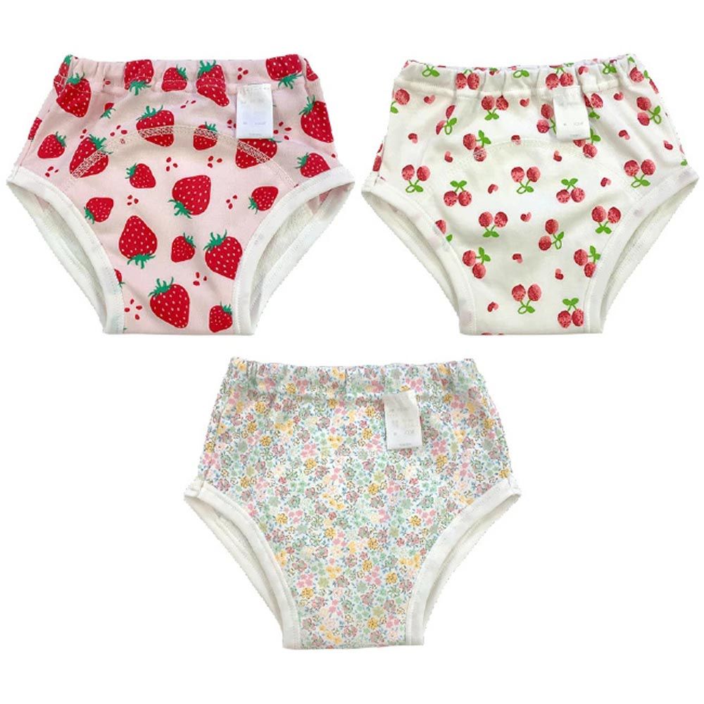 日本 Chuckle Baby - 三層學習褲(三件組)-草莓+櫻桃+碎花-密縫式