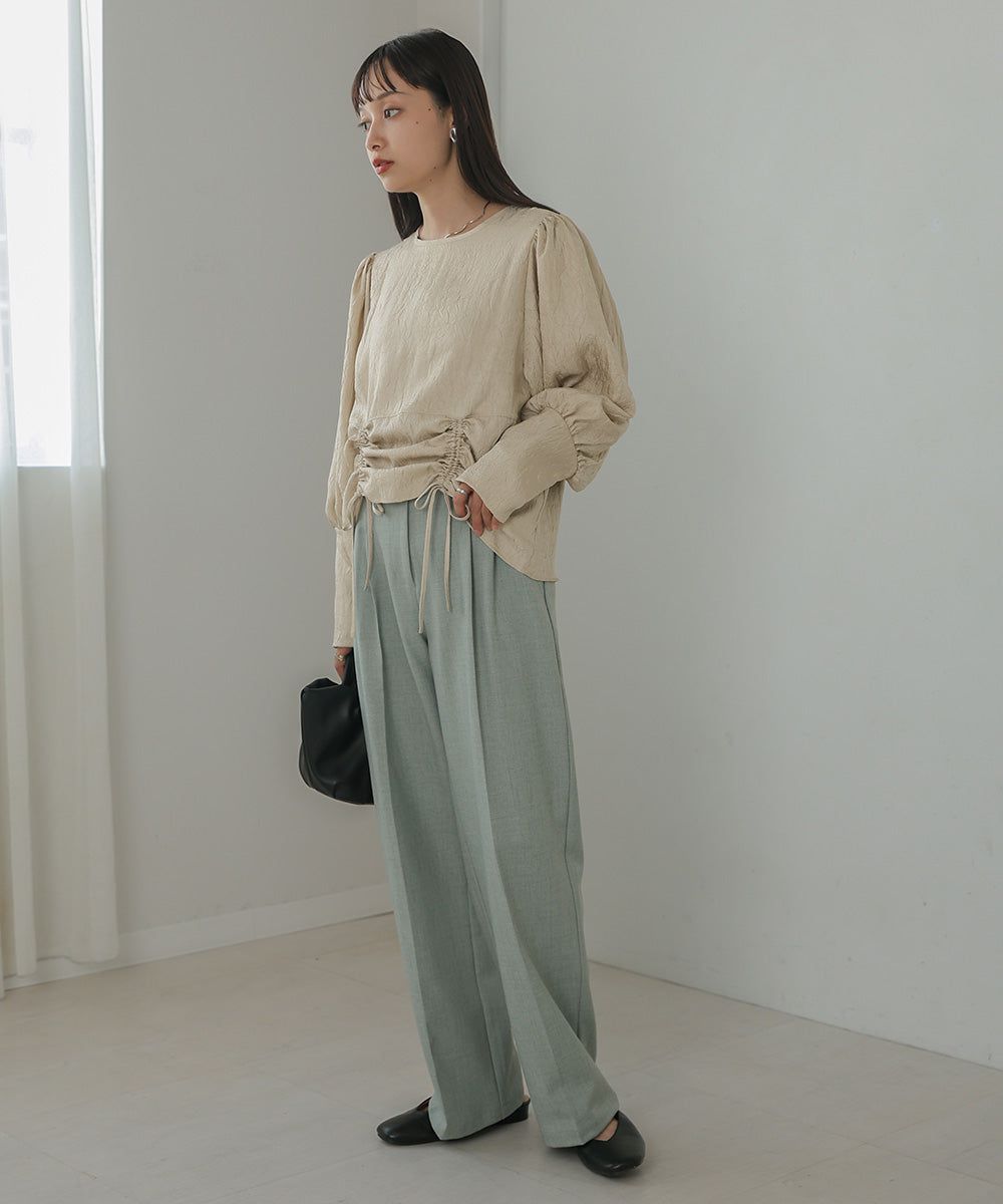 日本 Bab - 光澤感抽繩泡泡袖上衣-香檳