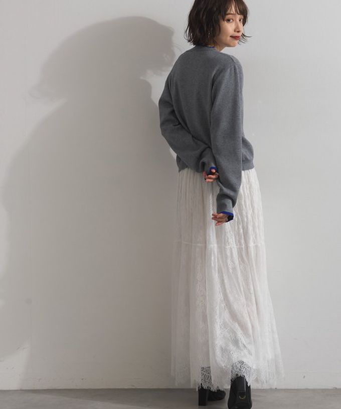 日本 ELENCARE DUE - 奢華睫毛蕾絲飄逸長裙(2件式)-黑