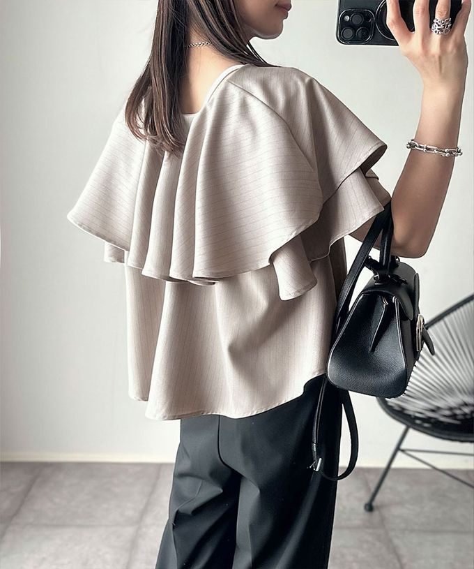 日本 Classical Elf - 前後2way優雅荷葉大翻領上衣-細條紋-咖啡