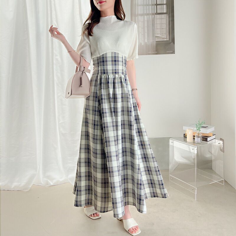 日本 Classical Elf - 浪漫格紋拼接後綁帶短袖洋裝-經典黑