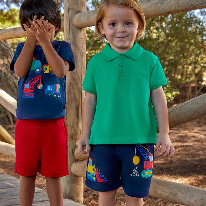 英國 JoJo Maman BeBe - 超優質嬰幼兒/兒童100%純棉綁繩短褲-推土機