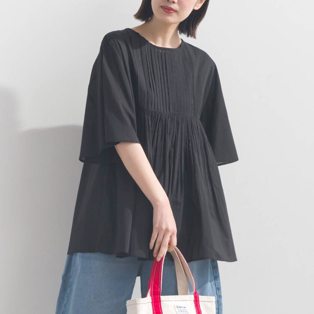 純棉巴里紗柔美皺摺寬袖上衣-黑