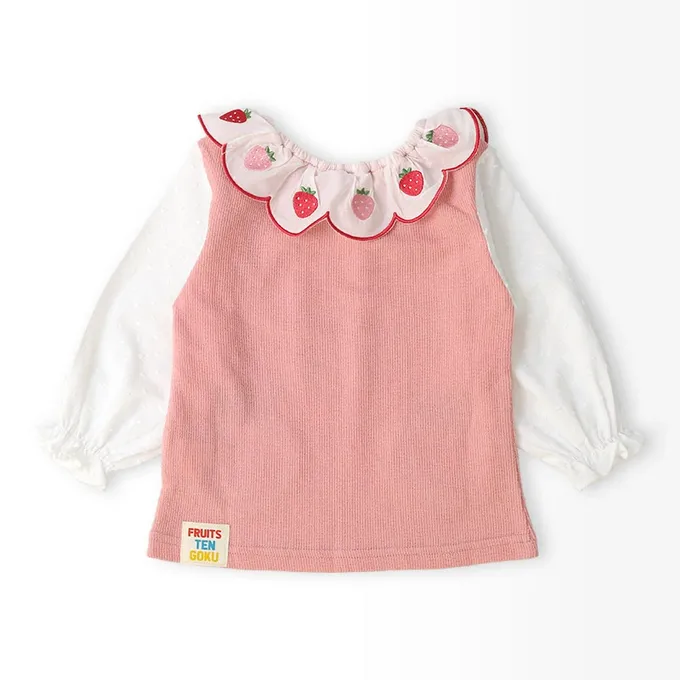 日本 ZOOLAND - 水果樂園 甜心草莓荷葉領長袖上衣-粉紅