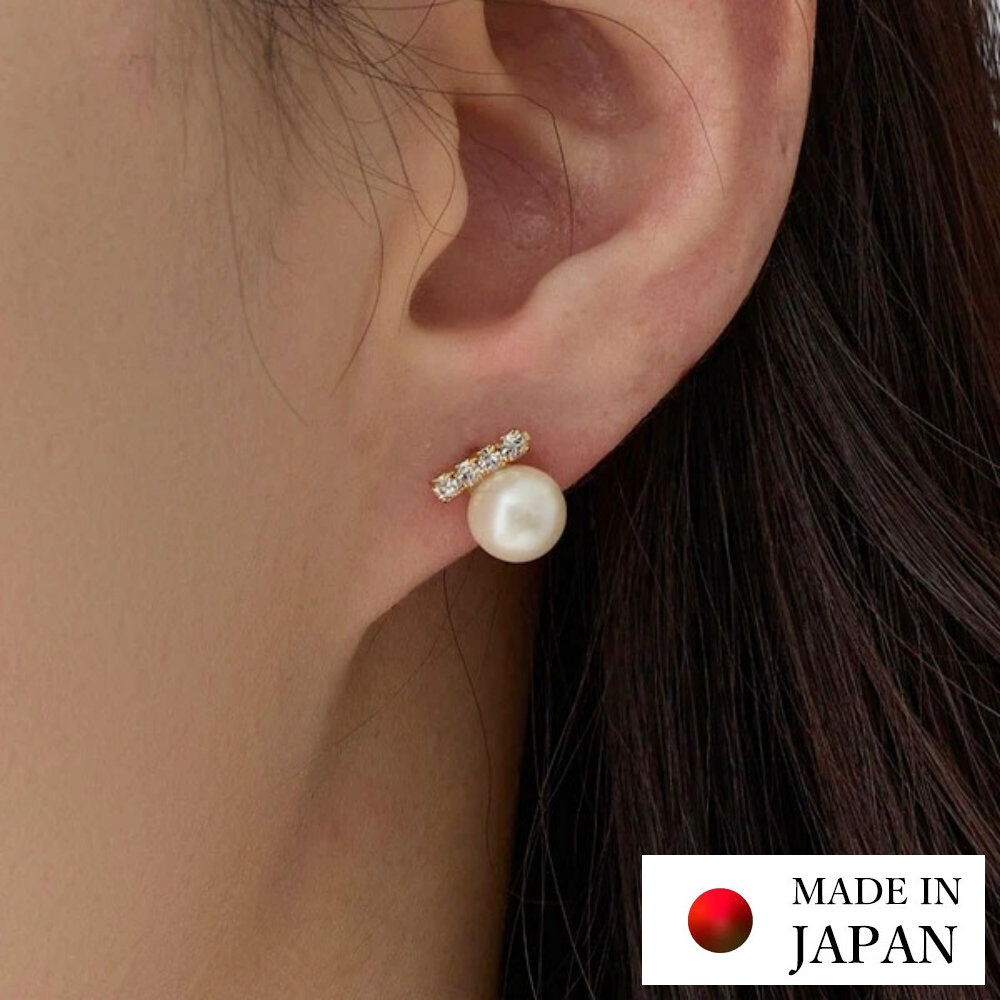 日本製 低調甜心閃耀水鑽珍珠耳環-耳針