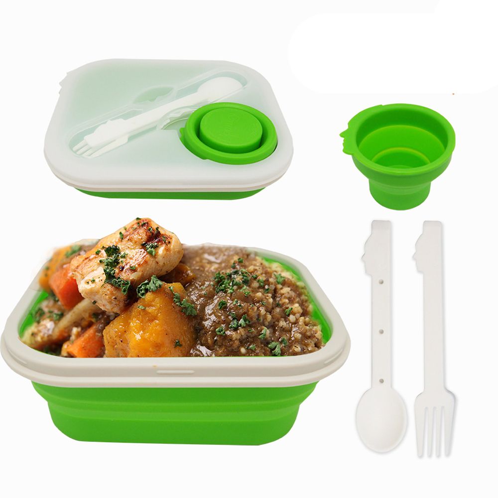 iGimmick - 矽膠折疊餐盒組(附餐具)-綠-17.5x14.5x7cm
