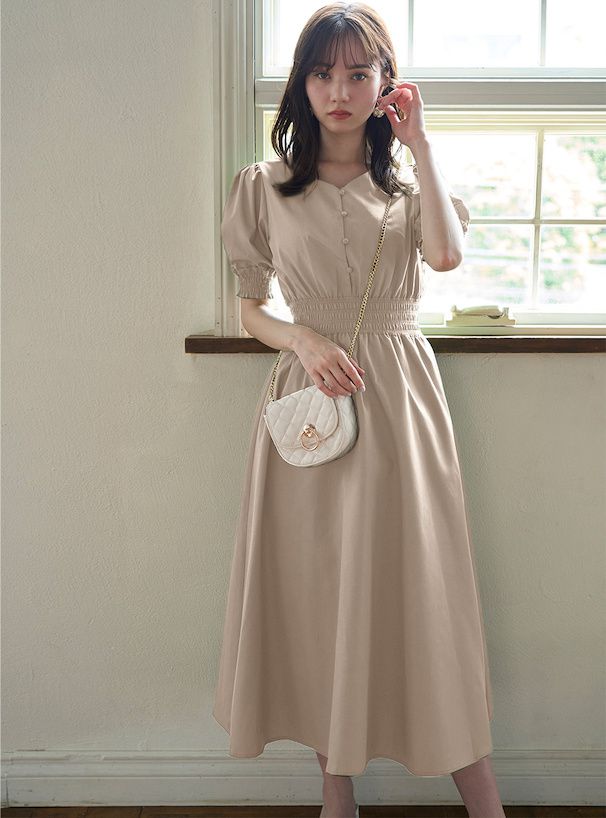 日本 GRL - 簡約氣質V領短袖洋裝-淺卡其