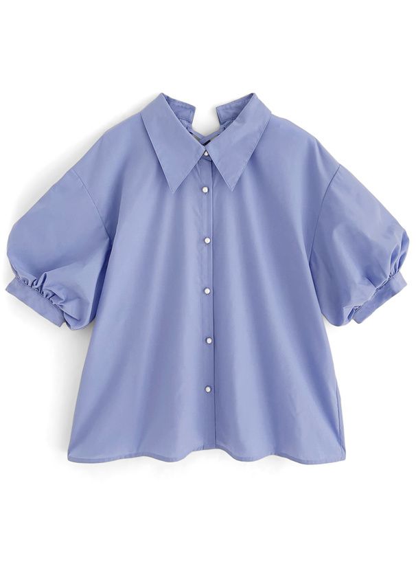 日本 GRL - 後綁帶翻領泡泡袖襯衫-米白 (F)