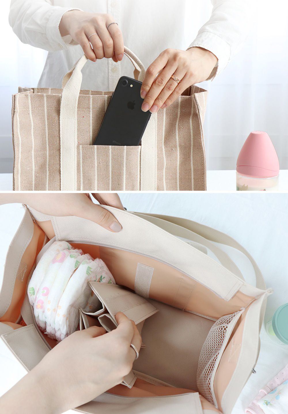 韓國 Conitale - 帆布多隔層媽媽包/推車收納袋-質感灰 (31X22X15cm)