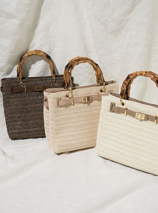 日本 GRL - 仿竹把手編織紋梯形手提包/側背包-摩卡 (F)