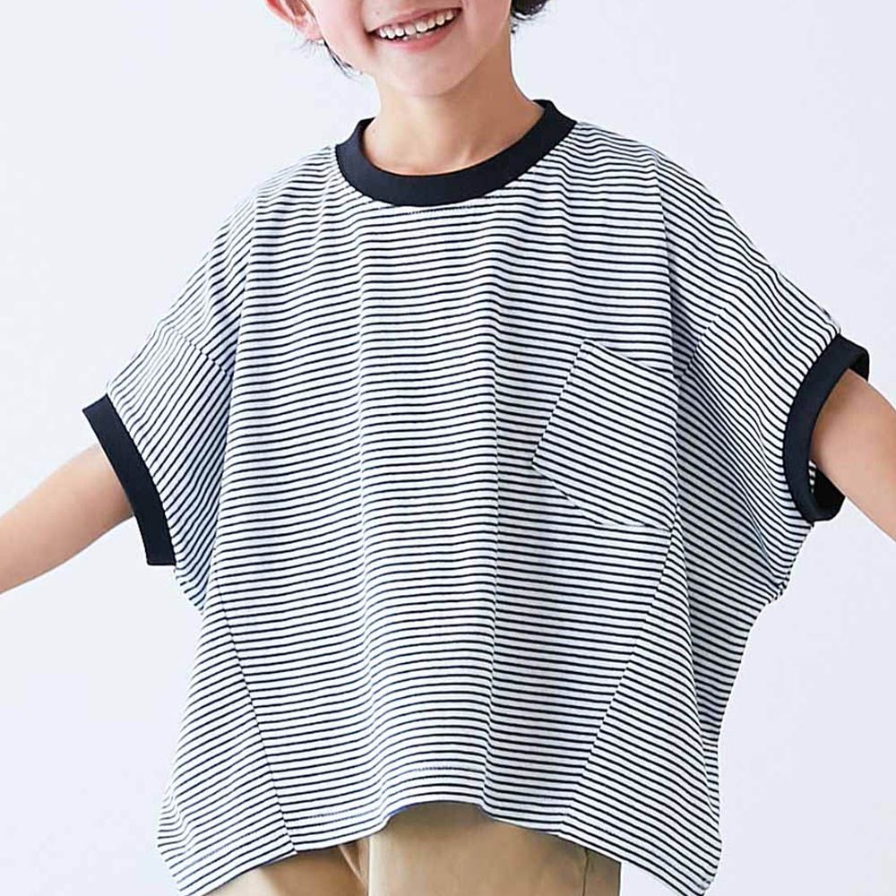 100%純棉落肩短袖上衣-條紋-深藍x白