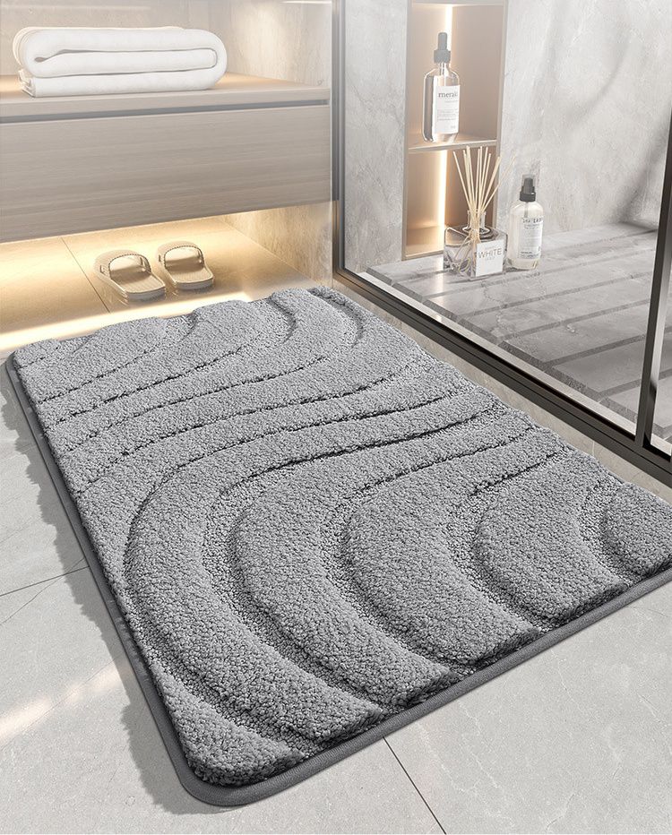 北歐風加厚快速吸水植絨浴室腳踏墊-流水波紋-深藍色