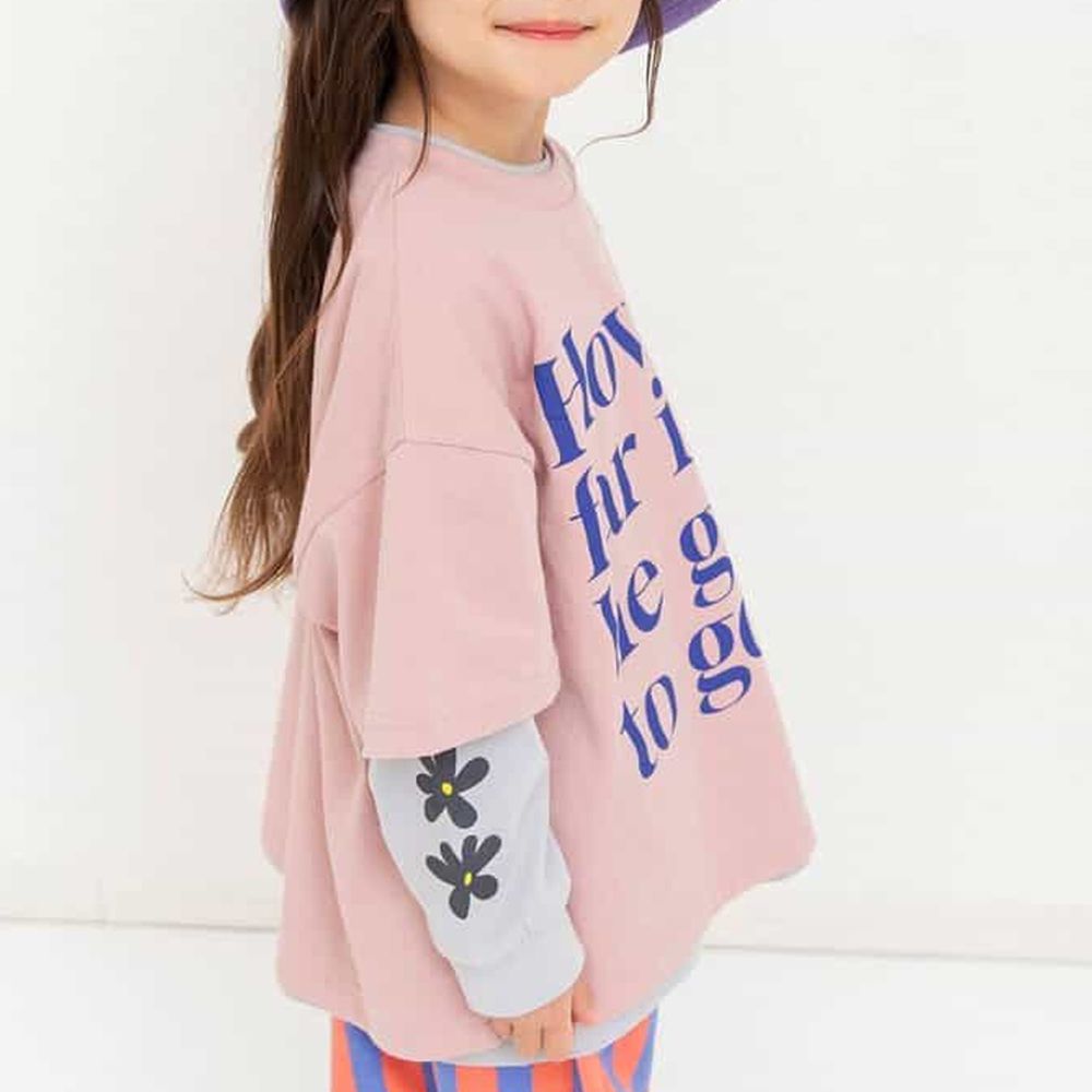 休閒標語百搭真二件式T恤組-粉紅x淺灰