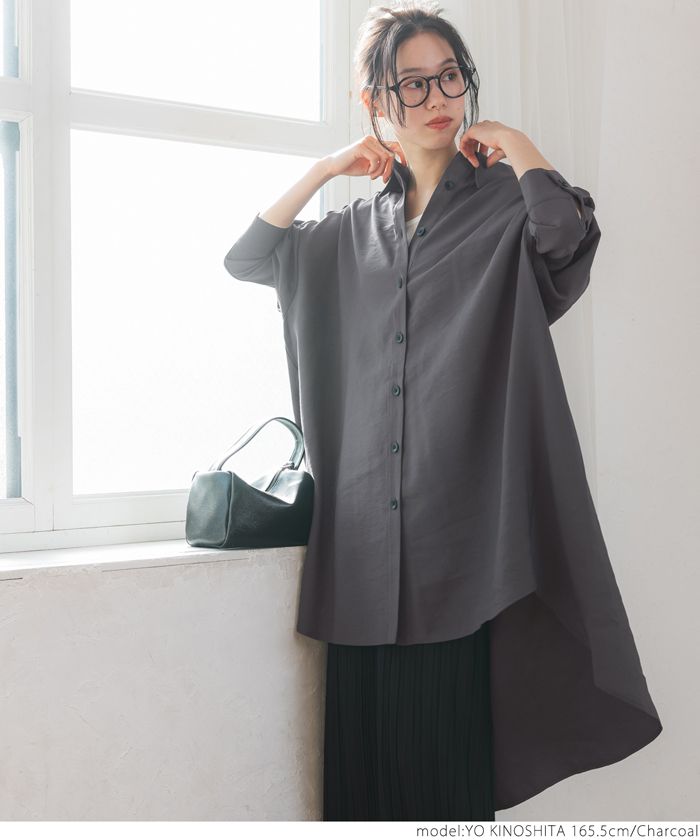 日本 COCA - 修身前短後長長版襯衫外套/洋裝-深灰