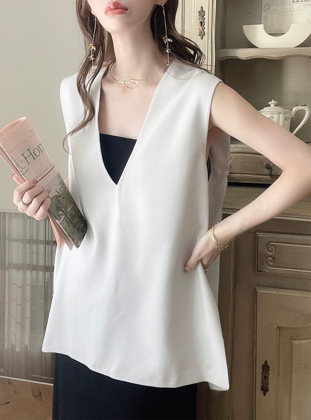 日本 GRL - 優雅V領無袖西裝背心-米杏 (F)