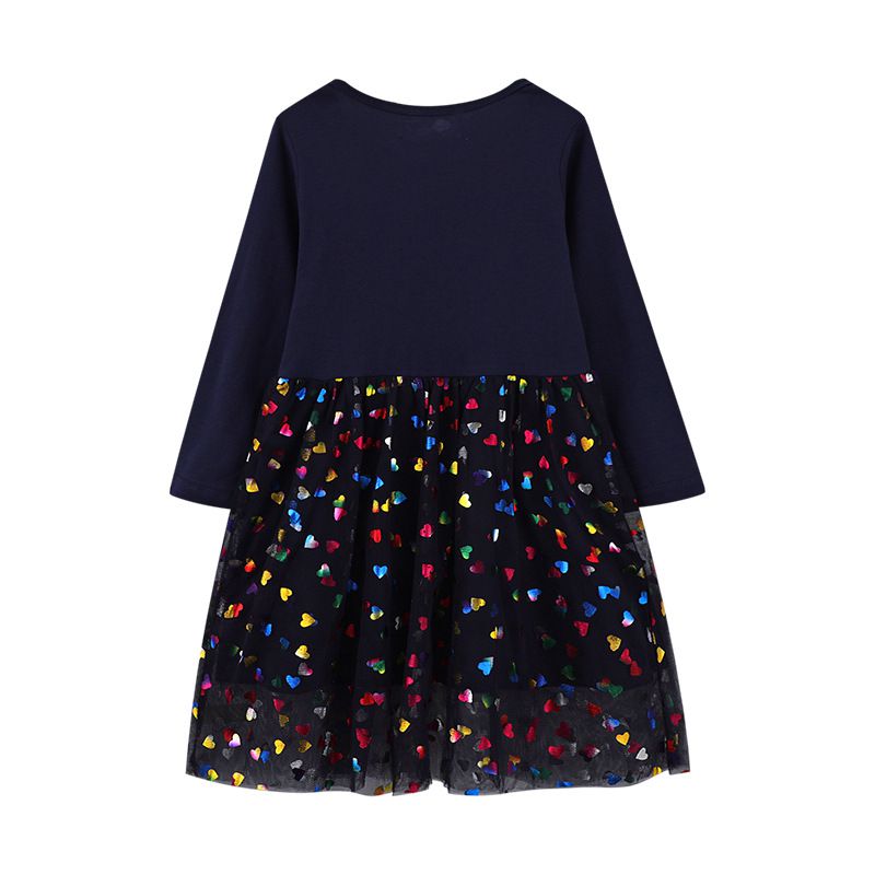 Jumping meters - 棉質圓領長袖連身網紗洋裝-獨角獸與繽紛愛心-深藍色