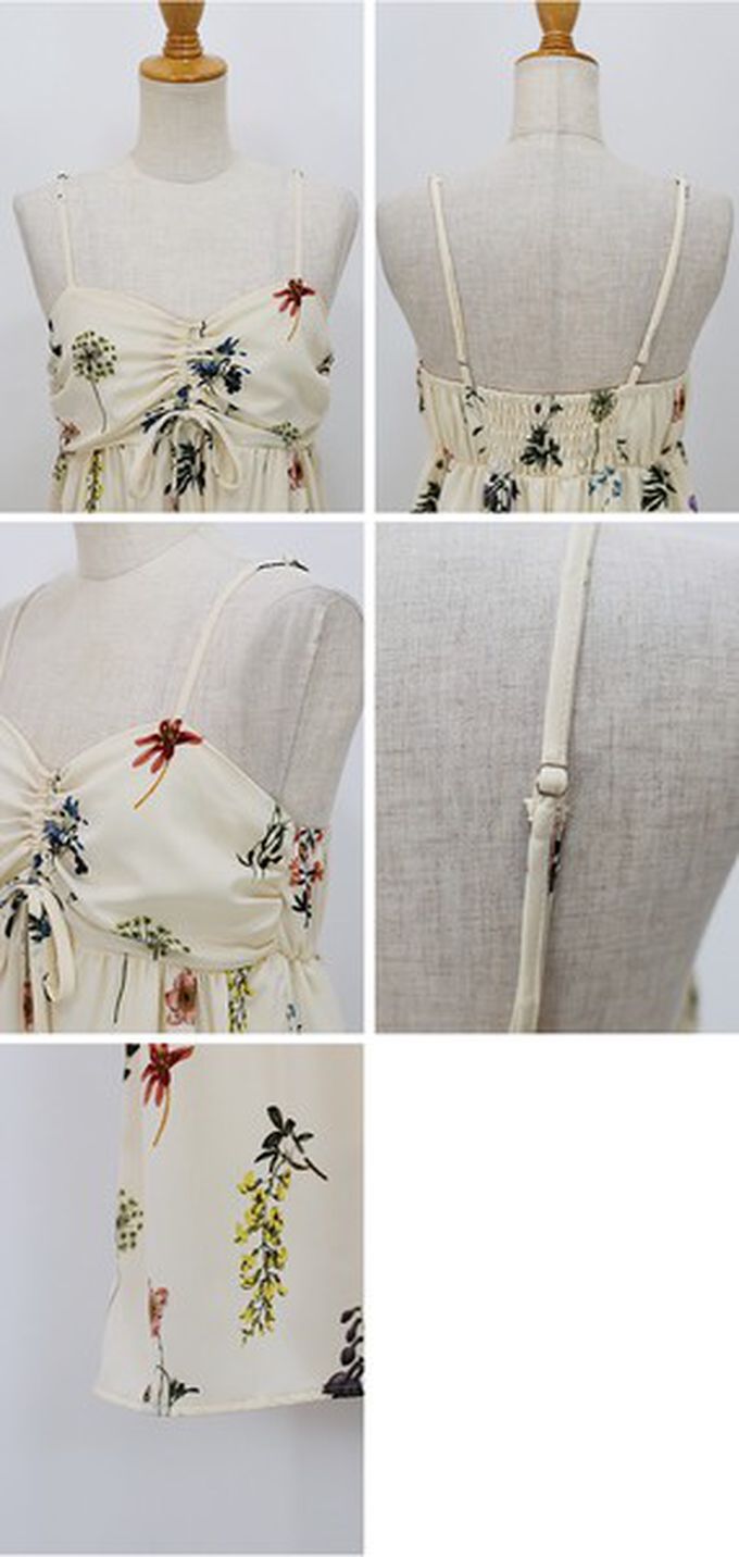 日本 BLUE EAST - 優雅皺摺度假花卉吊帶洋裝-米杏 (M)