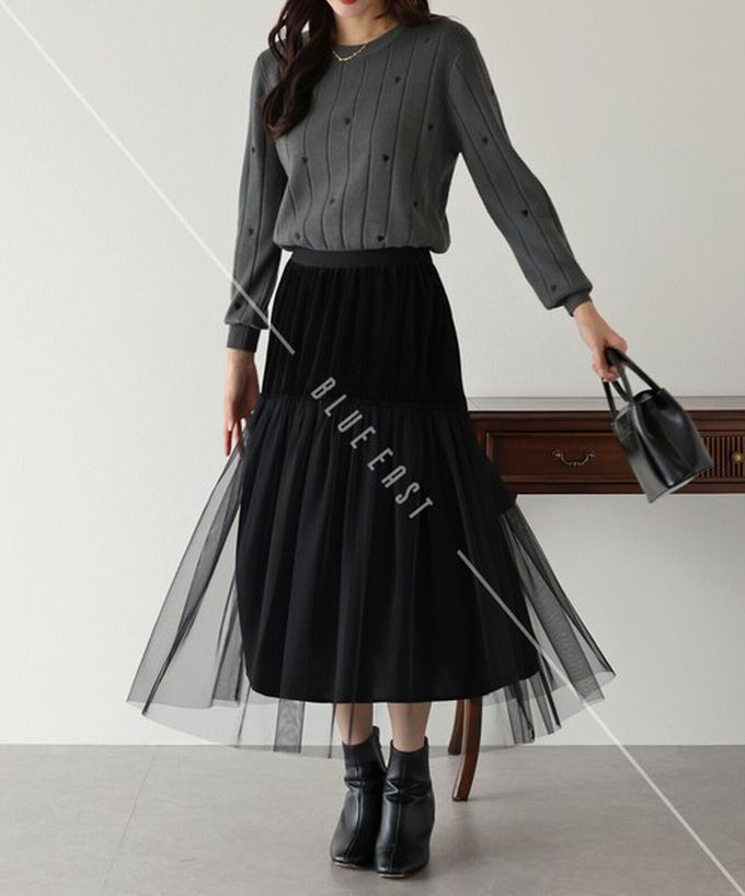 日本 BLUE EAST - 薄紗絲絨拼接飄逸長裙-(可選長度)-黑